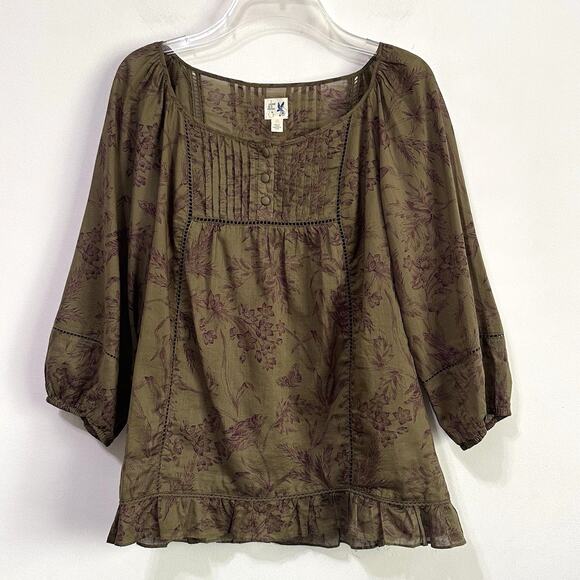 Anthro Edme & Esyllte Green Floral Pintuck Blouse 4 Peasant Fairy Cottagecore - Picture 2 of 6